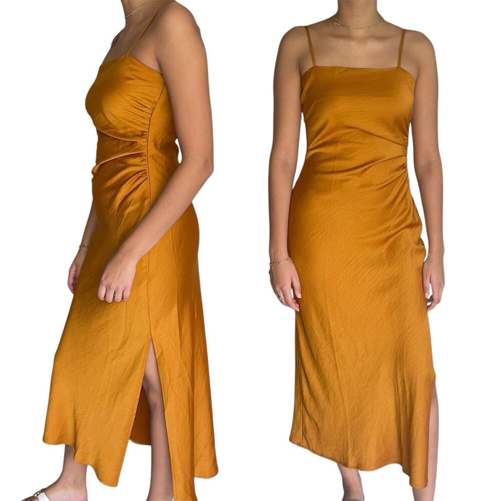House of Harlow Midi Satin Dress Womens S Slit Sleeveless Slip Golden Orange